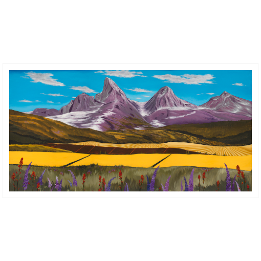 Archival print on matte paper of a contemporary snowy mountain landscape painting with purple and red flowers, green and yellow fields, foothills, and the Teton Mountains under a blue sky. 