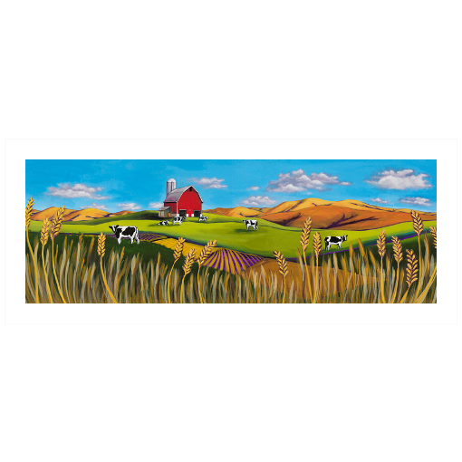Archival print on matte paper of a contemporary rural landscape painting of a red barn sitting in a green field with black and white dairy cows, wheat fields, and foothills under a bright blue sky with fluffy white clouds floating by. 