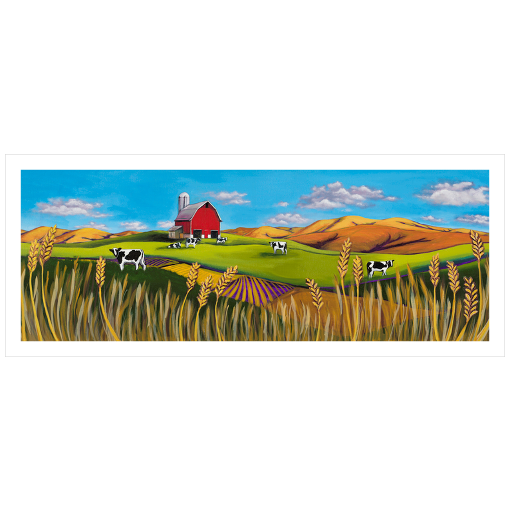 Archival print on matte paper of a contemporary rural landscape painting of a red barn sitting in a green field with black and white dairy cows, wheat fields, and foothills under a bright blue sky with fluffy white clouds floating by. 