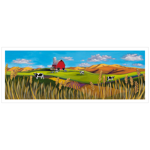 Archival print on matte paper of a contemporary rural landscape painting of a red barn sitting in a green field with black and white dairy cows, wheat fields, and foothills under a bright blue sky with fluffy white clouds floating by. 
