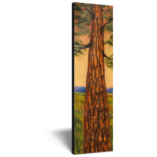 Archival print on canvas of an evergreen tree standing tall in a green meadow with blue mountains in the distance. 