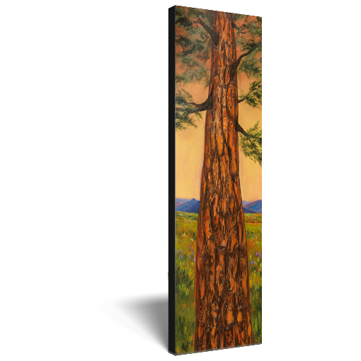 Archival print on canvas of an evergreen tree standing tall in a green meadow with blue mountains in the distance. 