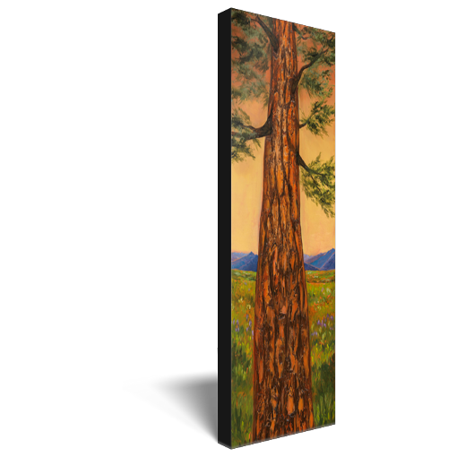 Archival print on canvas of an evergreen tree standing tall in a green meadow with blue mountains in the distance. 