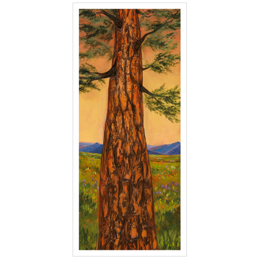 Archival print on matte paper of an evergreen tree standing tall in a green meadow with blue mountains in the distance.