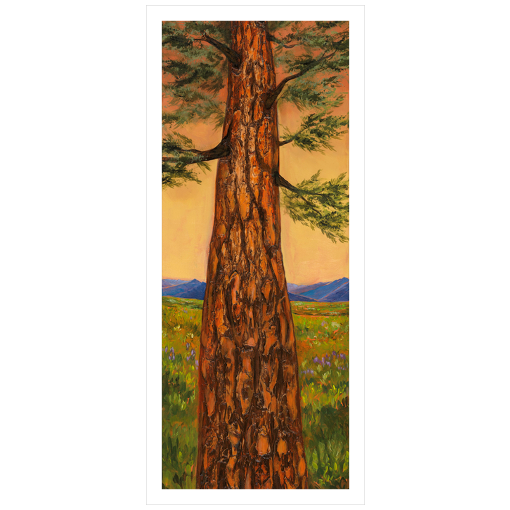 Archival print on matte paper of an evergreen tree standing tall in a green meadow with blue mountains in the distance.