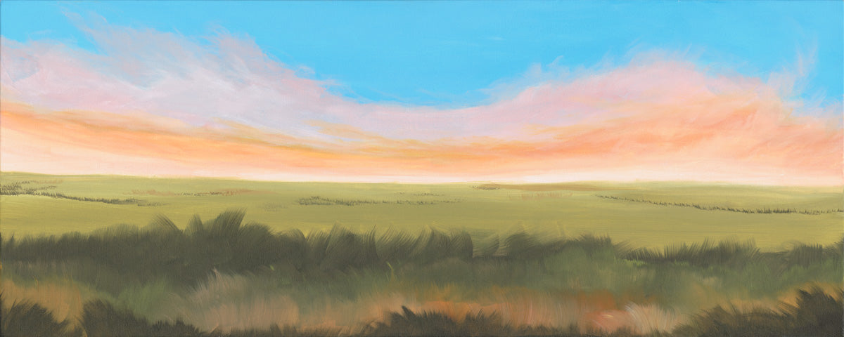 Original painting of a meditative, serene landscape with green springtime fields under a blue sky filled with sunlit clouds. 
