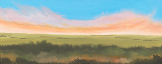 Original painting of a meditative, serene landscape with green springtime fields under a blue sky filled with sunlit clouds. 