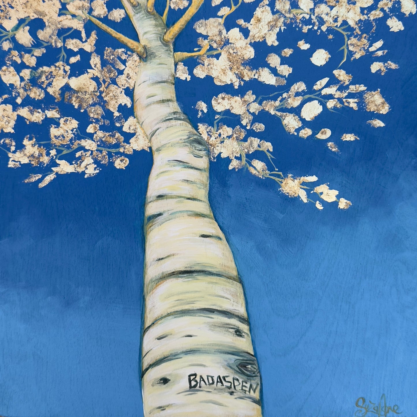 Original acrylic painting on birch panel of a quaking aspen tree under a cobalt blue sky.