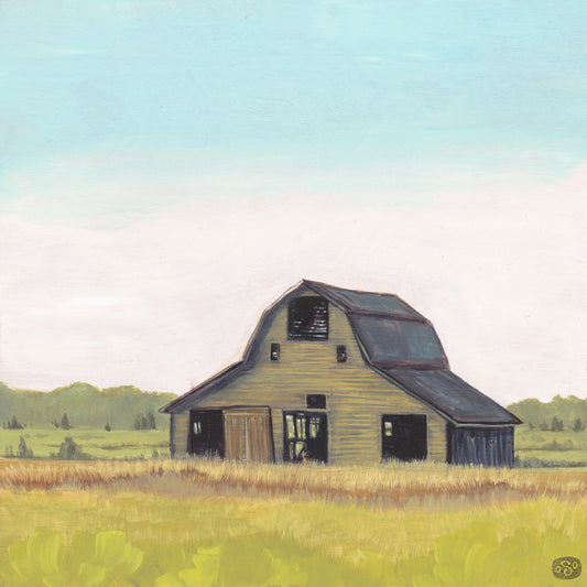 Original acrylic painting on birch panel of a weathered barn sitting in a green field under a bright blue sky.