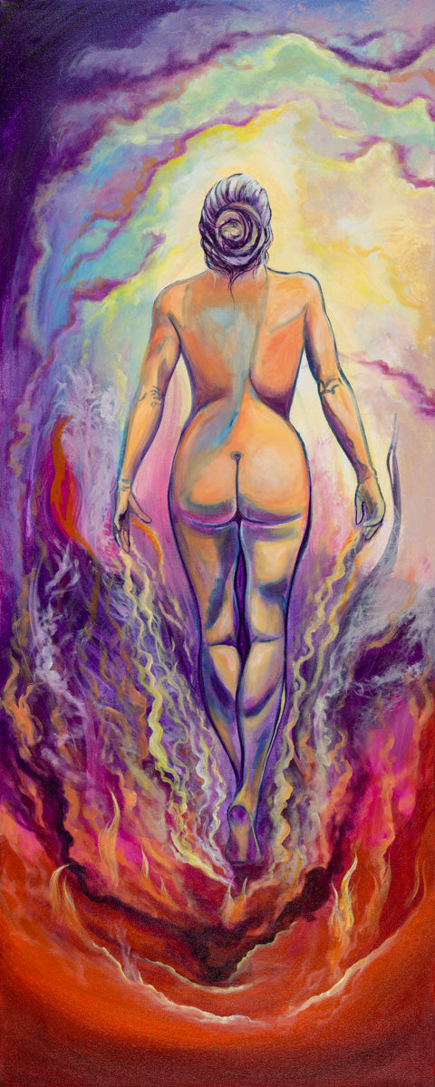Original acrylic painting on canvas of a goddess in the moment of metamorphosis — a raw, feminine embodiment of rebirth and inner power.