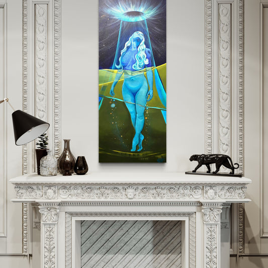 Original acrylic painting on canvas of a luminous goddess bathed in blues and greens. 