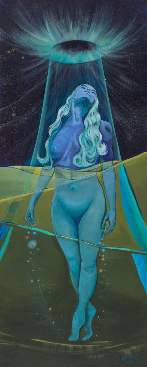Original acrylic painting on canvas of a luminous goddess bathed in blues and greens. 