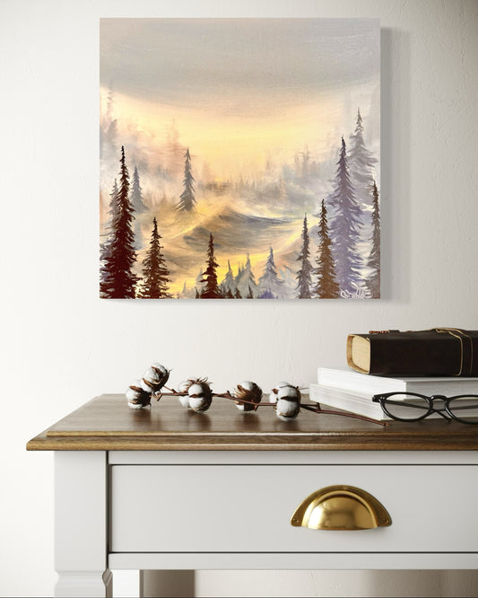 Original acrylic painting on canvas of a sunlit forest scene with pine trees. 