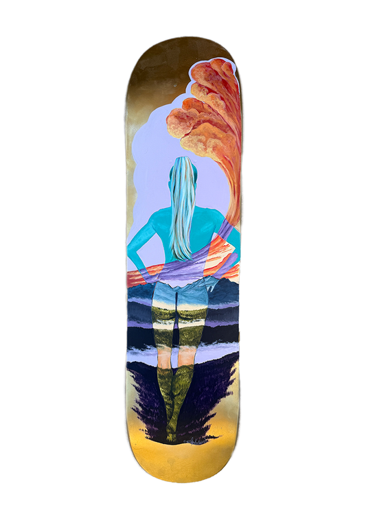 Original acrylic and gold leaf painting on a skateboard deck of the artist herself as the greek goddess Persephone. 