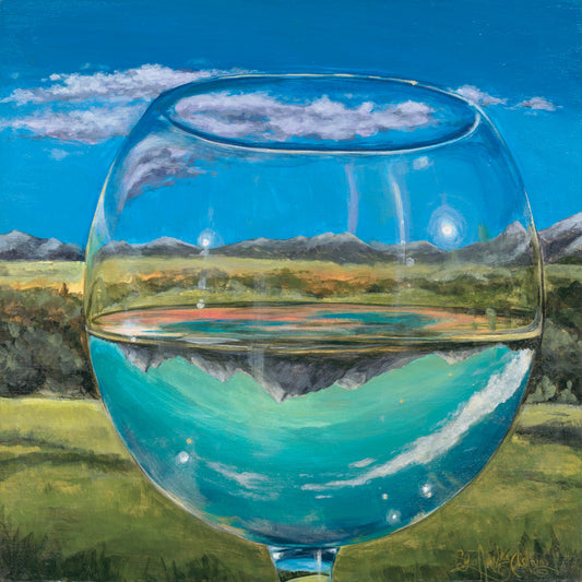 Original acrylic painting on panel of a glass of white wine refracting a green Sawtooth Mountain landscape under a summer sky. 