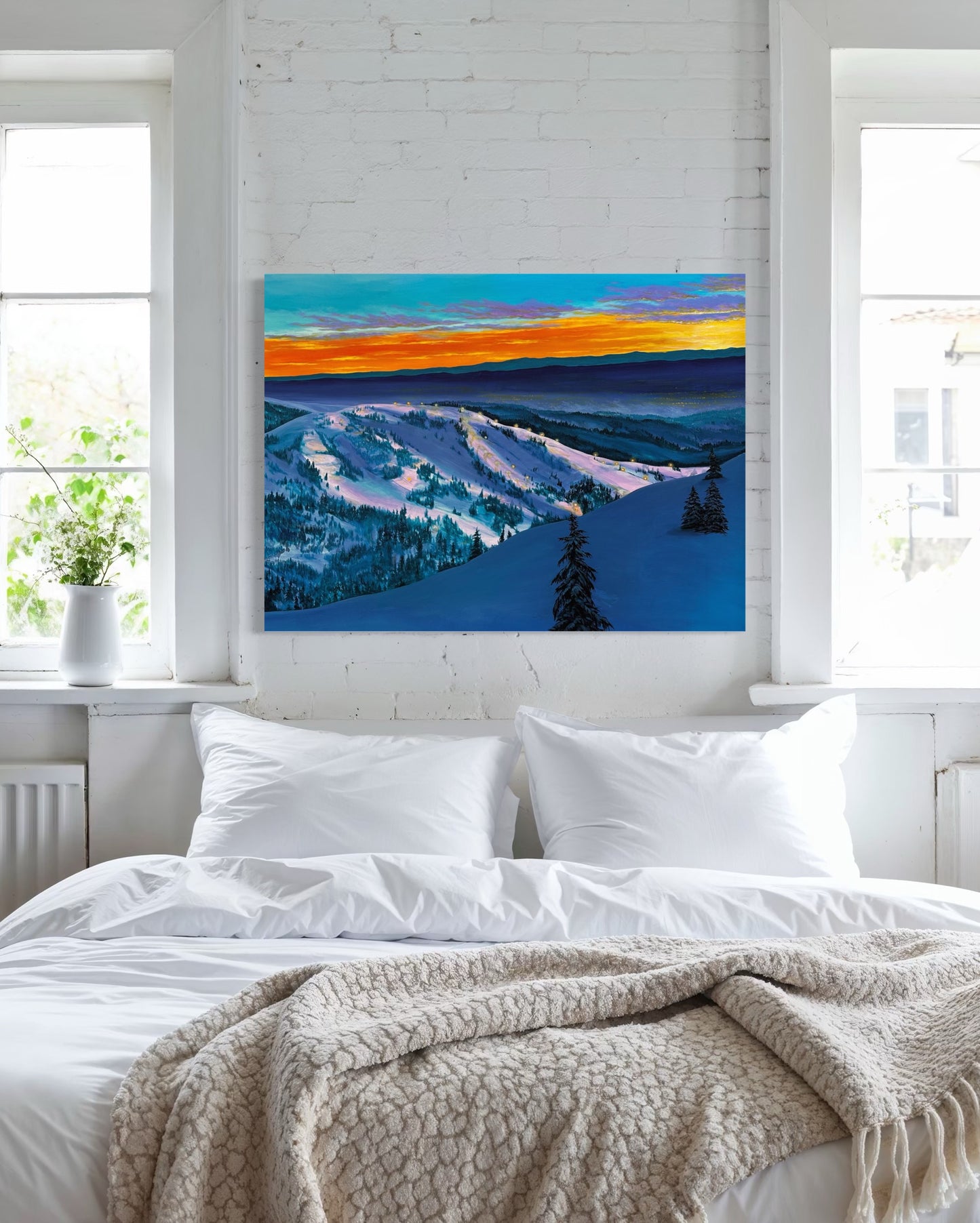 Original acrylic painting on canvas of a snowy Bogus Basin mountainscape in Boise, Idaho. 