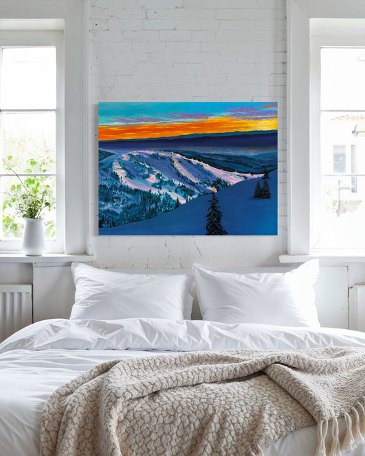 Original acrylic painting on canvas of a snowy Bogus Basin mountainscape in Boise, Idaho. 