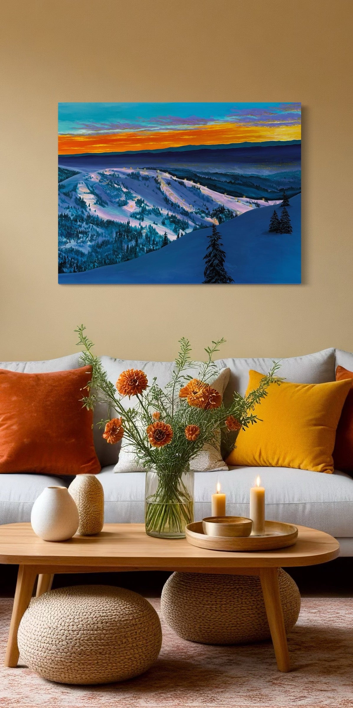 Original acrylic painting on canvas of a snowy Bogus Basin mountainscape in Boise, Idaho. 