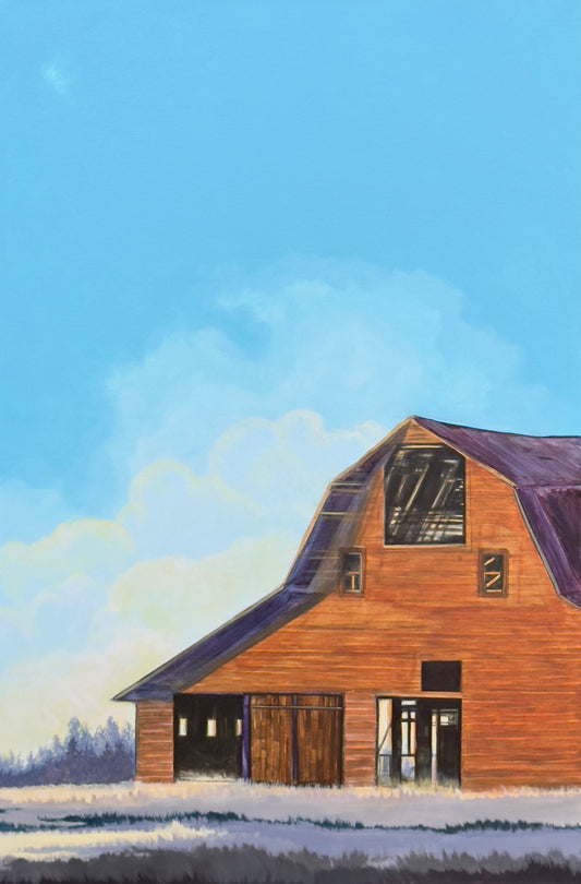 Original acrylic painting on canvas of a weathered barn under a blue sky. 