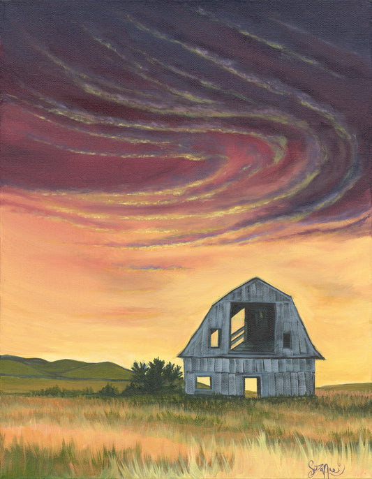 Original acrylic painting on canvas of a rustic barn sitting in a golden filed under a stormy purple and gold sky. 
