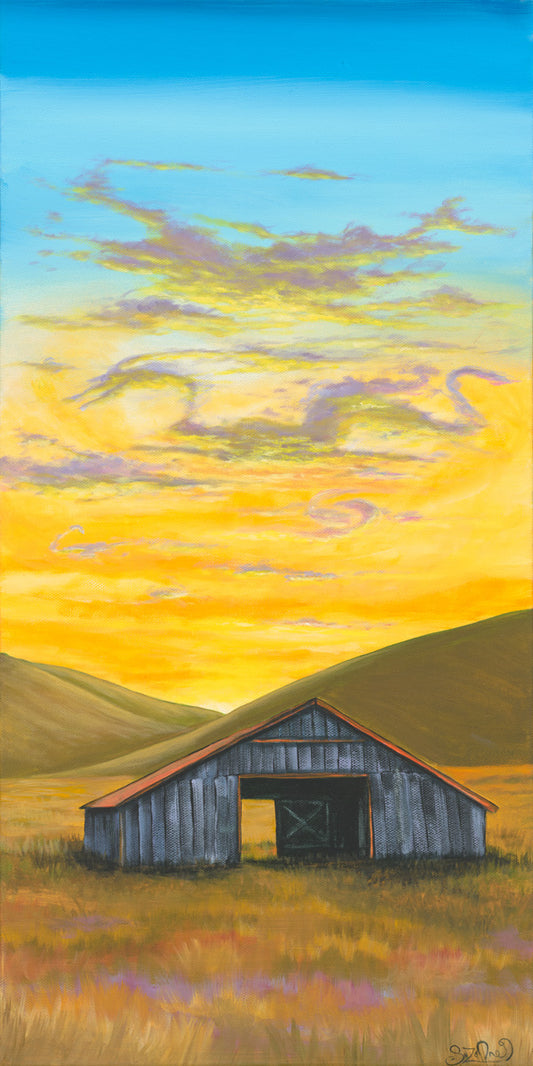 Original acrylic painting on canvas of a rustic barn sitting in a golden field under a vibrant poetic cloudscape. 