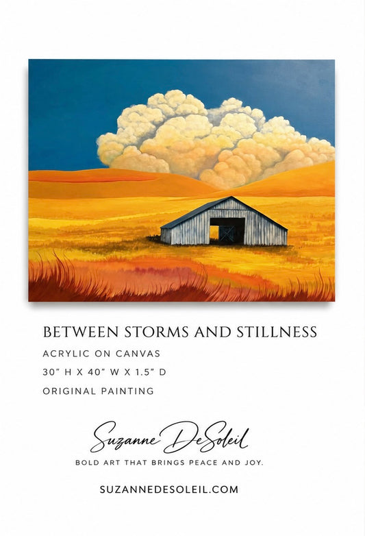 Between Storms and Stillness original western barn painting by Suzanne DeSoleil, 30 by 40 inches, full artwork view