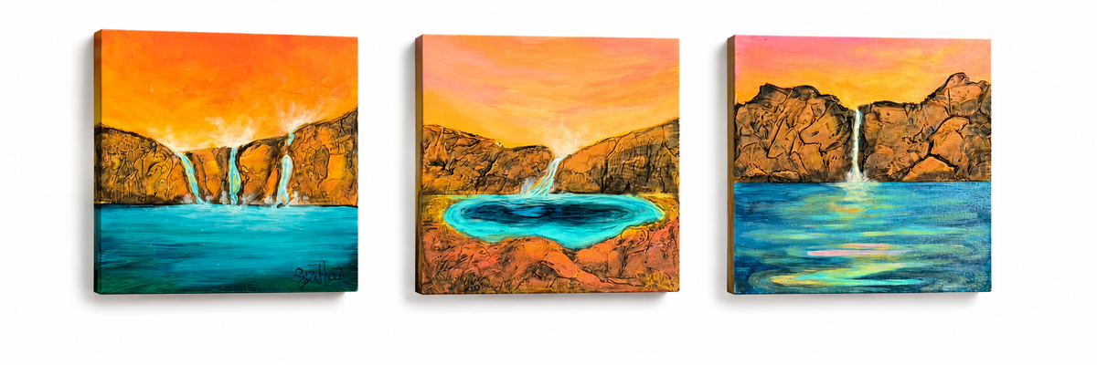 Dream Spring original waterfall triptych by Suzanne DeSoleil, three textured acrylic paintings on deep-edge birch, each 6 inches by 6 inches