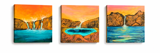 Dream Spring original waterfall triptych by Suzanne DeSoleil, three textured acrylic paintings on deep-edge birch, each 6 inches by 6 inches