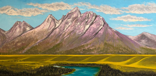 Teton Dream full original landscape painting by Suzanne DeSoleil, acrylic and resin on canvas, 12 inches high by 24 inches wide