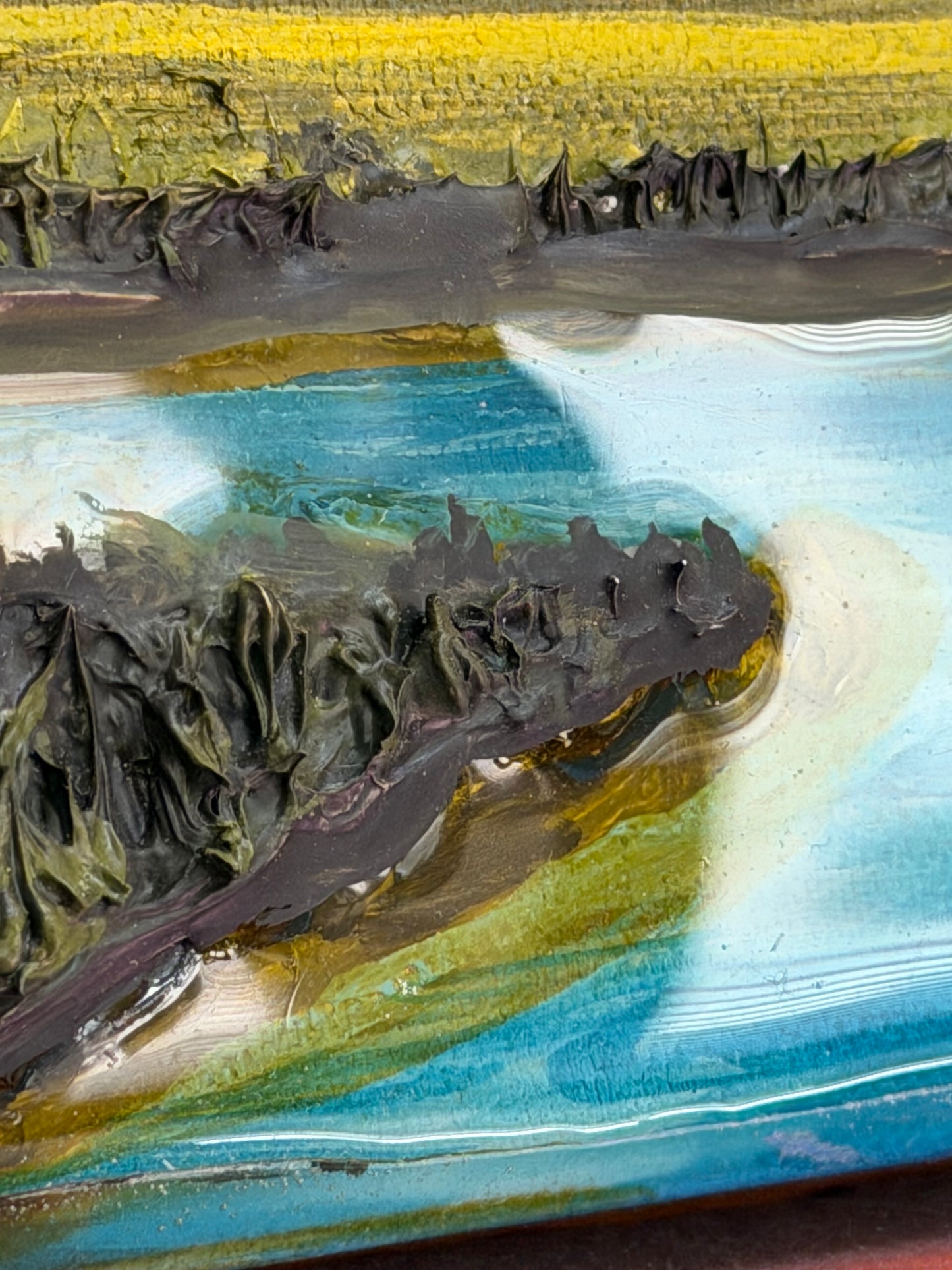 Detail of the sculptural resin river and textured surface in Teton Dream by Suzanne DeSoleil