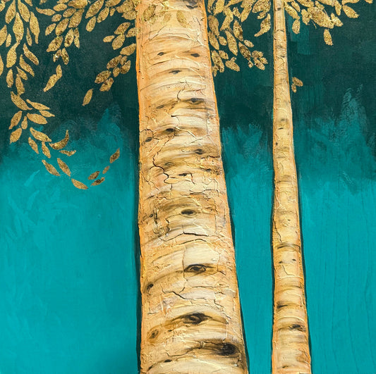 The Giving Tree original impasto acrylic and gold leaf aspen painting on birch by Suzanne DeSoleil