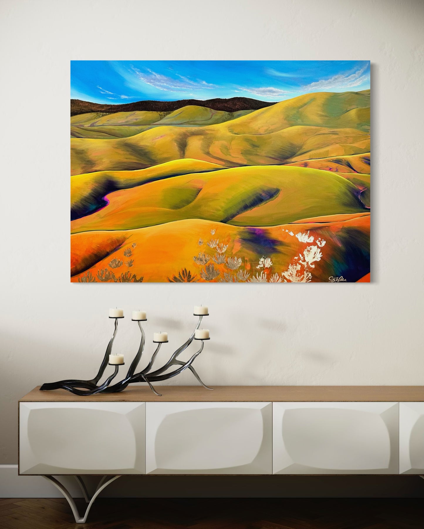 The Multiverse original landscape painting by Suzanne DeSoleil, 36 by 48 inches, shown in a modern room